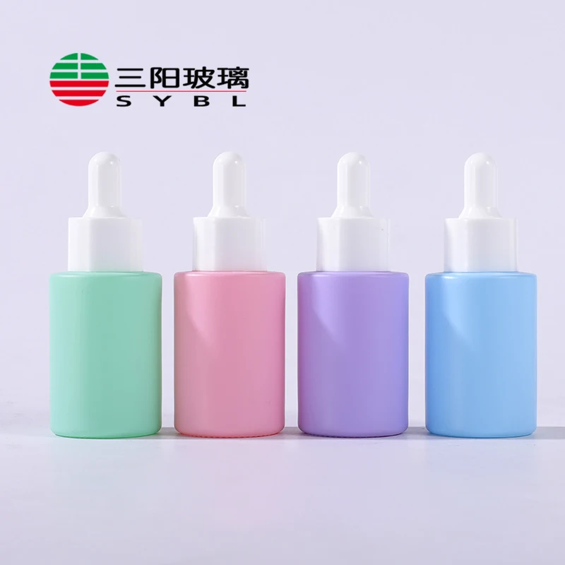 Square shoulder 30ml Glass Dropper Bottles Pink Frosted Color Serum Bottle Fancy Design Colourful for Cosmetic With Pipette