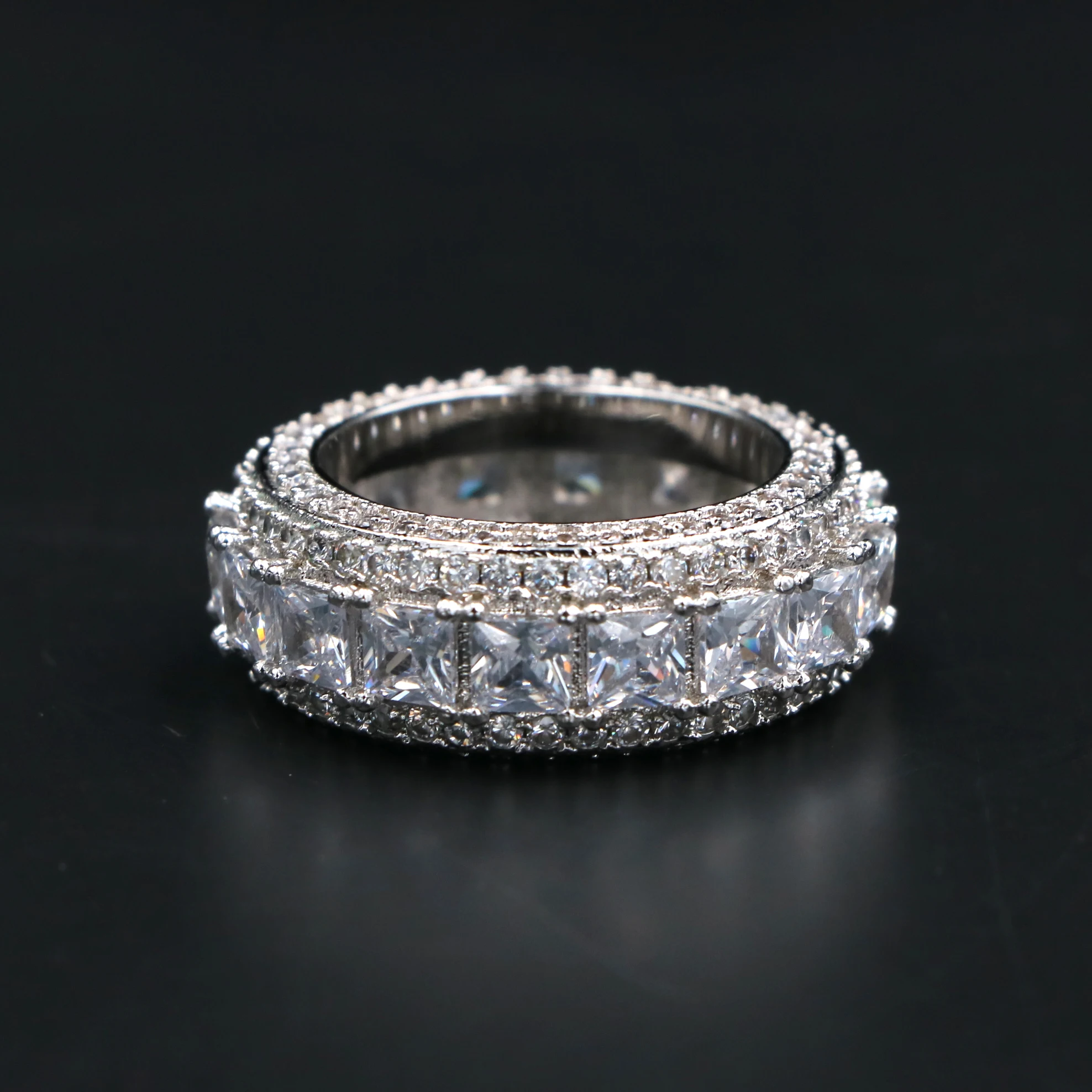 Mister Jewelry Prong CZ Pave White Gold Layer Baguette Men Diamond Band Ring