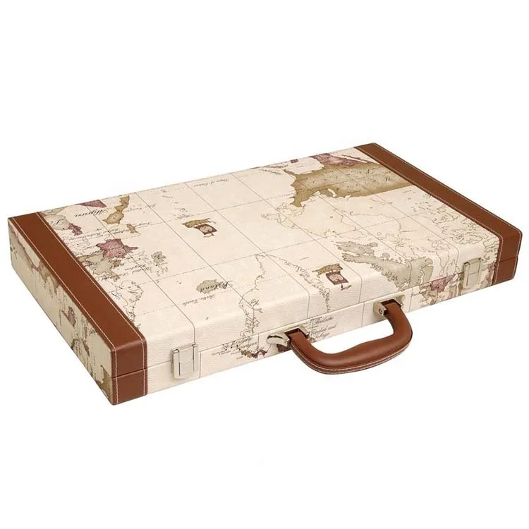 High quality handmade backgammon sets custom deluxe map design PVC leather backgammon Board game set