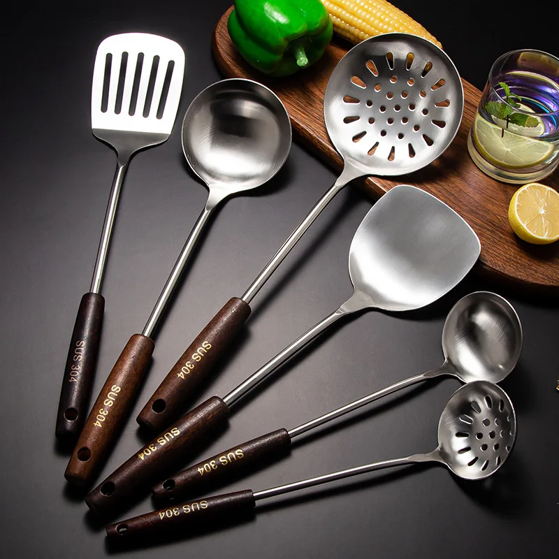 7 Pieces Food Grade Stainless Steel 304 Kitchenware Utensils Set with Holden Wood Handle Multifunctional Cookware Set