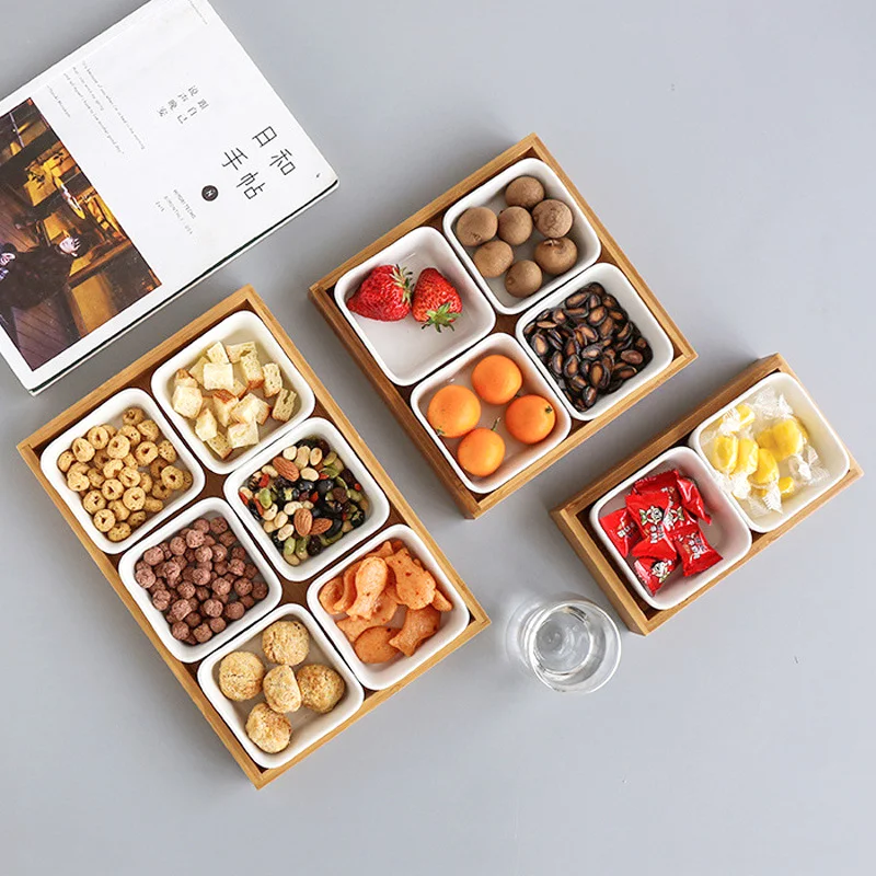 Nordic Home Multifunctional 4 Piece Detachable Removable Ceramic Dish Bamboo Candy Dried Fruit Nuts Snack Divided Tray Box