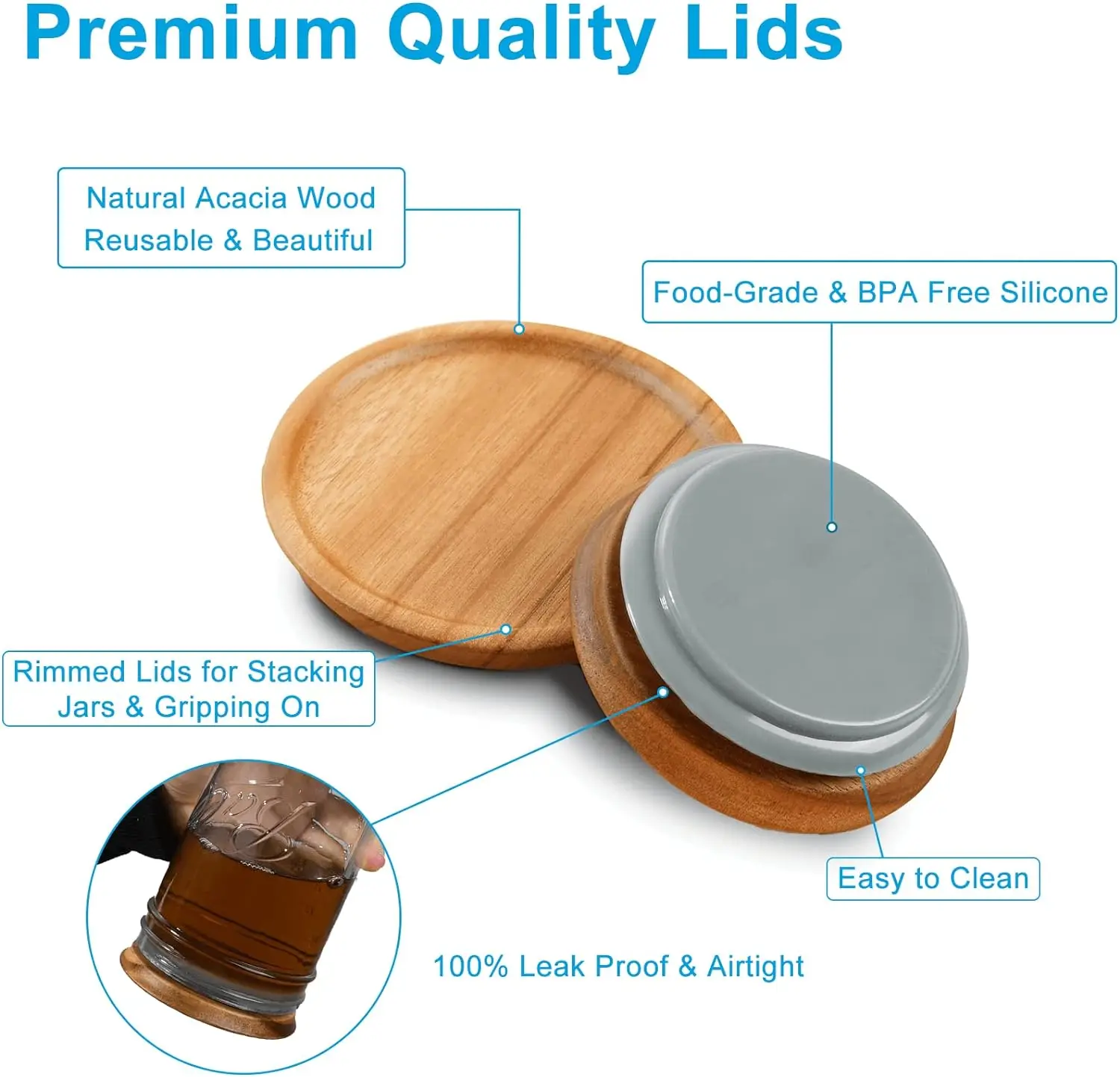 6 Pack Mason Jar Wooden Storage Lids, Reusable Canning Lids, Perfect for Wide Mouth Ball Weck Jars to Stack in Kitchen & Pantry