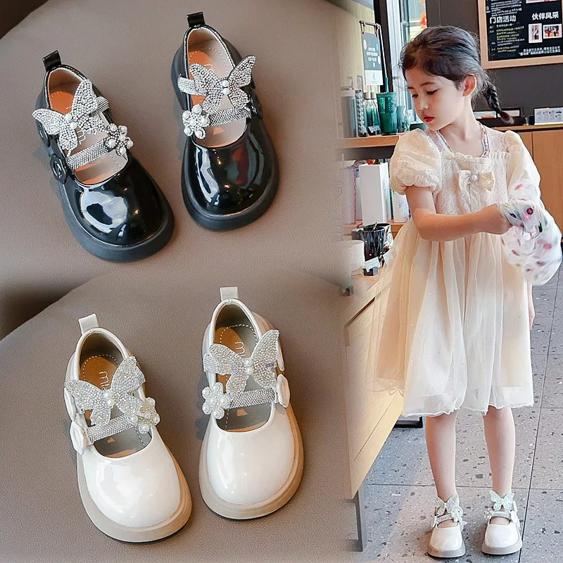 2024 New Kids Leather Shoes Fashion Fringed Butterfly Knot Girls Princess Shoes Casual Glitter Children Student Shoes