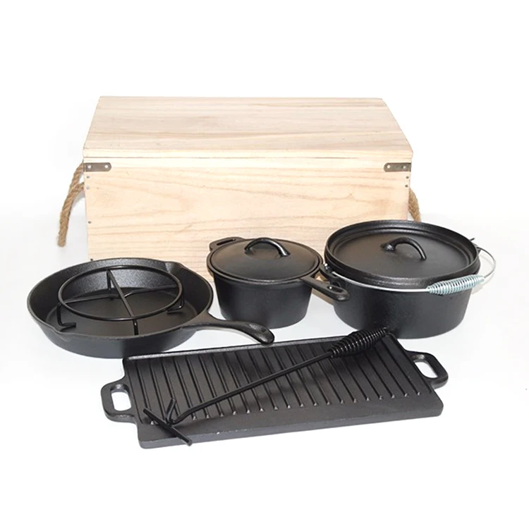 Hot sale private label 6pcs cast iron camping cookware set  in wooden box