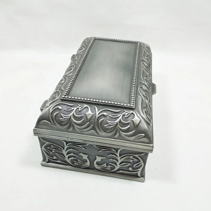 Zinc alloy large rectangle jewelry box with classical flower patternin in pewter plated