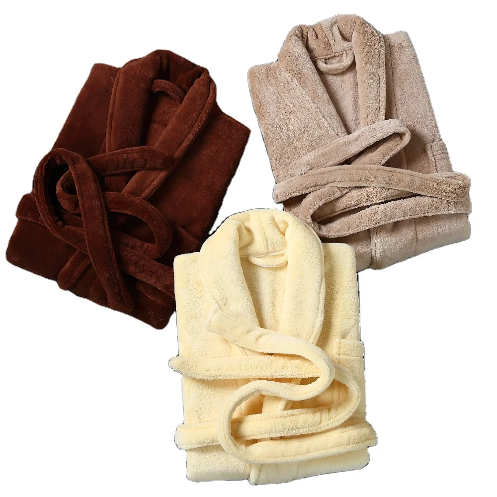 Thick 100% Flannel Coral Fleece Hotel Bathrobe Plush Bath Robe For Women and Man