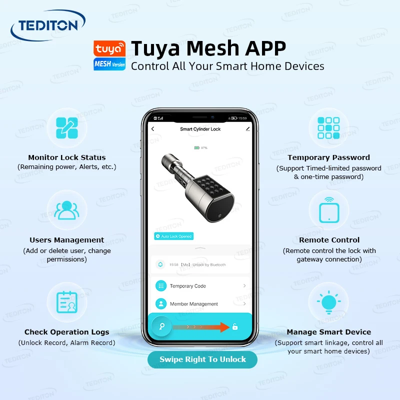 Tediton CE Certification Safety Electric Tuya APP Fingerprint Smart Euro Cylinder Locks