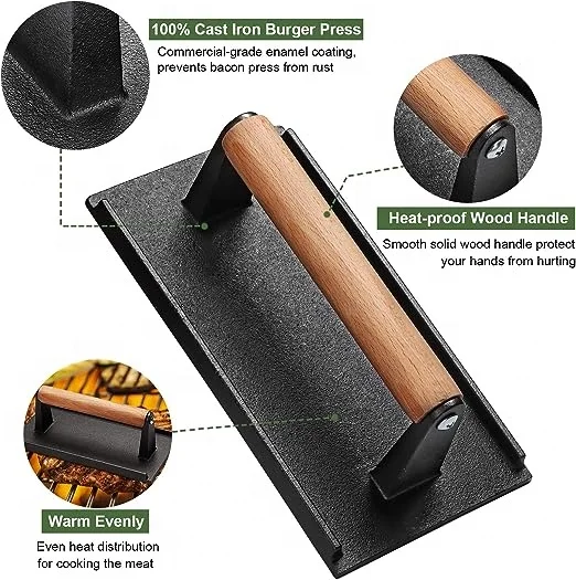 Heavy Duty Cast Iron Urger Press Crushed Bacon Pressed Meat Steak Press Burger with Wooden Handle