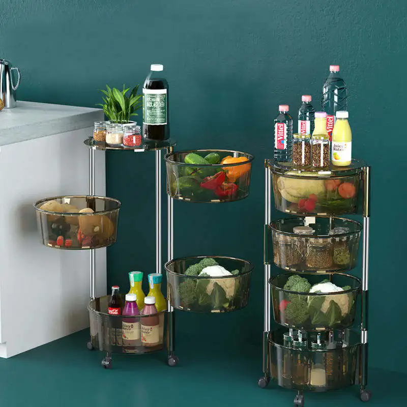 Household Bathroom Rolling Storage Cart Plastic Round Shape Rotating Vegetable Trolley Kitchen Fruit Organizer Rack