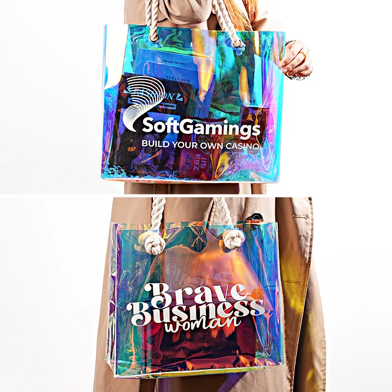Custom Printed Logo Clear PVC Laser Tote Holographic Bag, Luxury Hologram Handle Bag Waterproof Pvc Iridescent Tote Shopping Bag