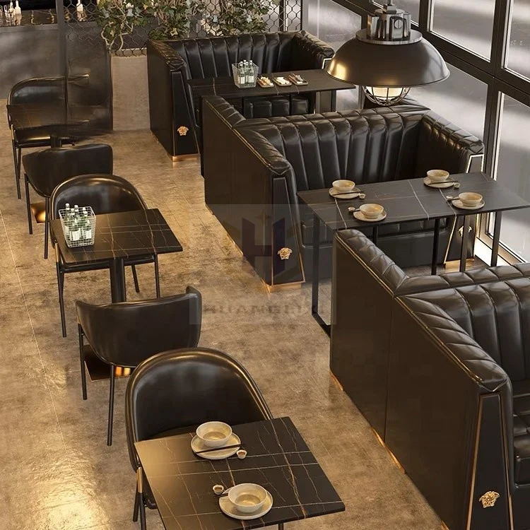 Modern Luxury Restaurant Commercial Furniture Cafe Custom Sofa Booth Industrial Restaurant Dining Table and Chair Metal 2 Set