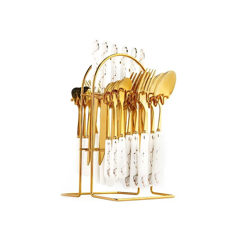 Luxury Cutlery Sets Ceramics Handle Stainless Steel Fork Knife 24pcs Flatware Golden Holder with Box