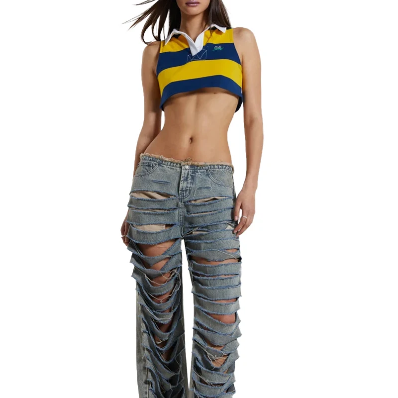 OEM Latest Designer Slashed Straight Boyfriend Pants Ripped Low Rise Extremely Shredded Trousers Denim Jeans For Girls