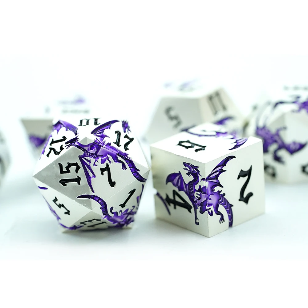 D&d Metal Dice 7 Pcs Dragon Metallic Dnd Dice Set Rpg Gaming Dice For Tabletop Game White With Purple dragon