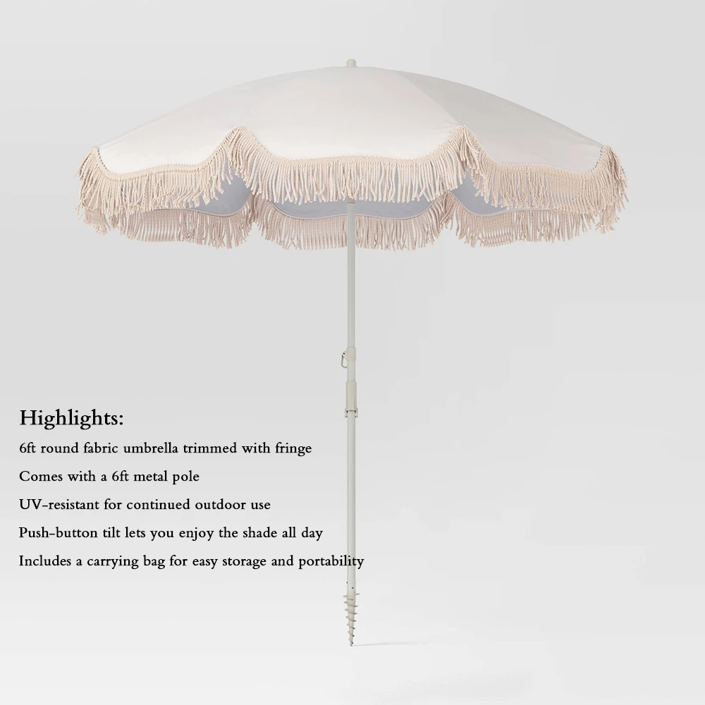 Cheap Price Customized Printed Size  Potable Aluminium Pole Sun Shade Garden Parasol Beach Tassels Umbrella With Fringe and Tilt