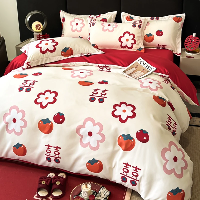 2024 new high weight skin-friendly cotton brushed digital printing quilt cover pillowcase bed sheet persimmon persimmon wishful