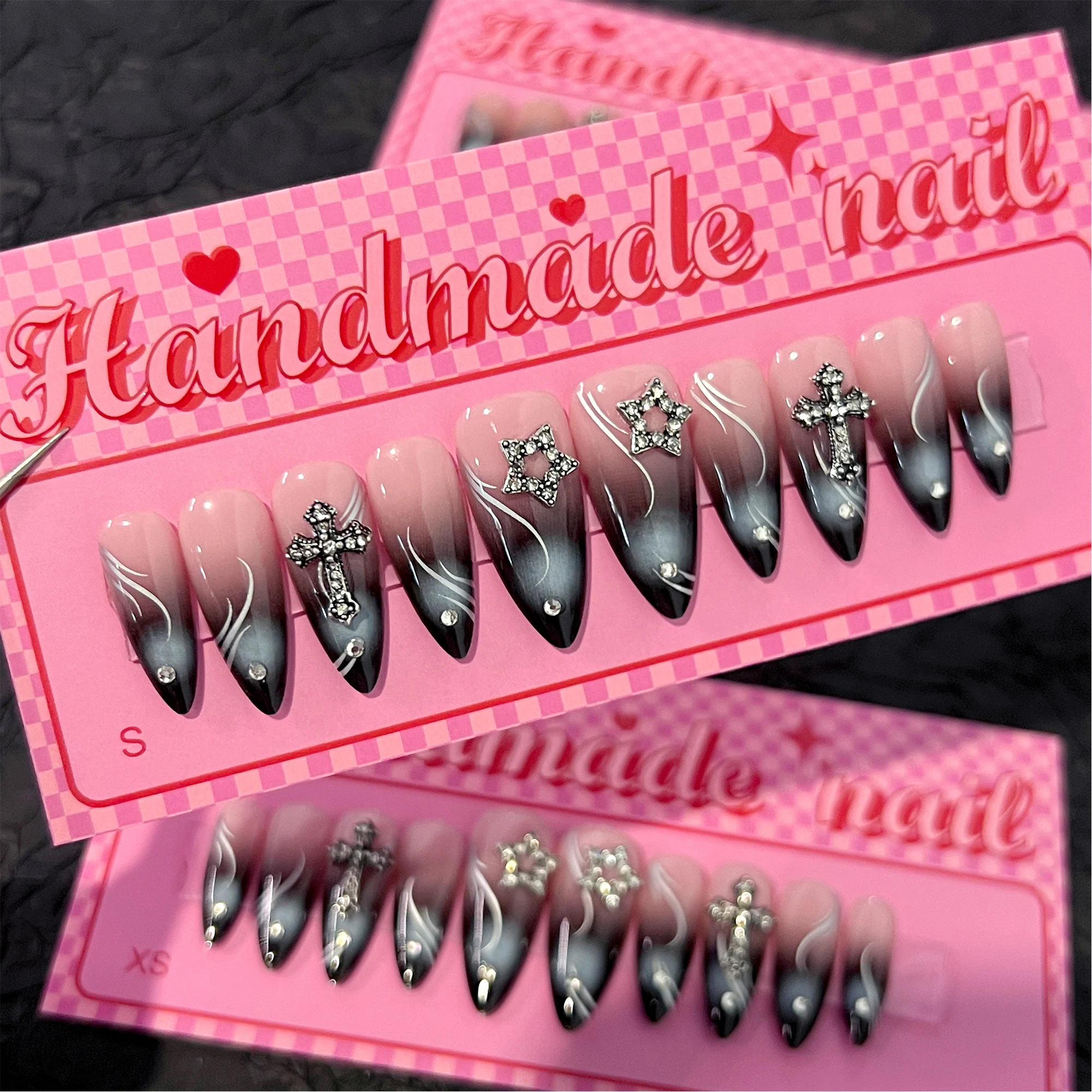 BEAU FLY 3D Trending Artificial Fingernails Low Price Wholesale Star Black Pink Art Nails Handmade Press On Nails