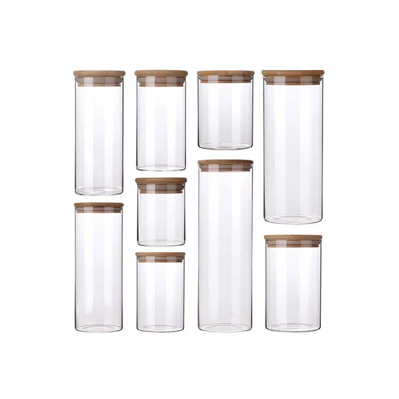 Low Moq Borosilicate glass food storage jar with wood lid sealed bottle