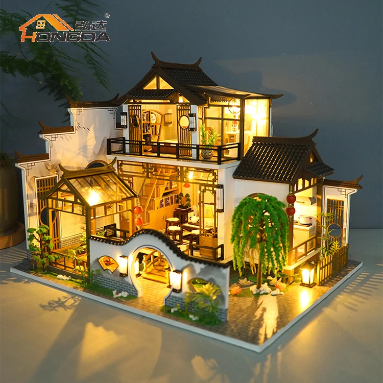 Hongda 2023 new chinese design Wooden doll house diy miniature dollhouse with light for girls