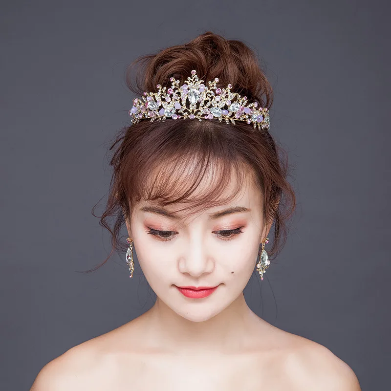 Leaves teardrop Rhinestones Bride Hair Accessories Wedding Queen Crown Earring Set Bridal Hairband for Wedding Tiaras