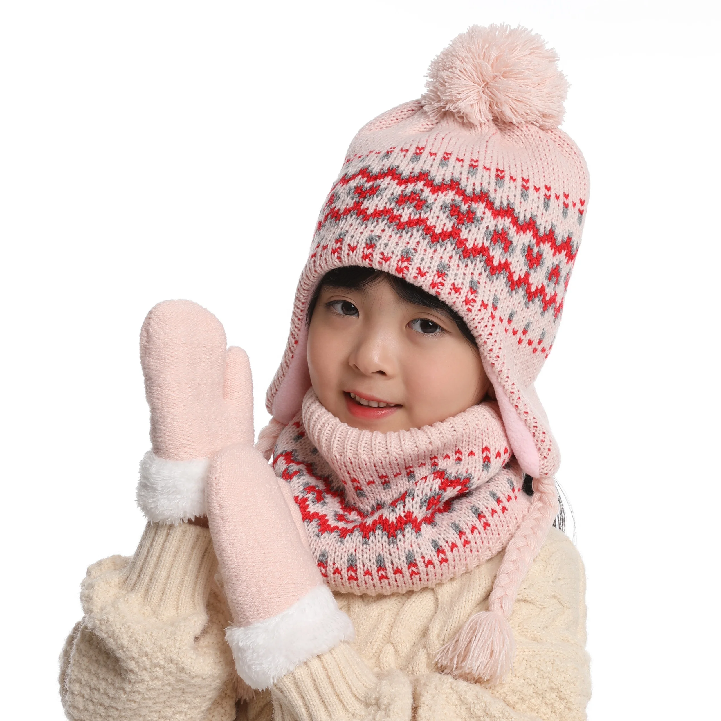 New Arrival  Kids Cute Warm Knitted Hat With Earflap Mittens and Scarf  Sets for Boys Girls
