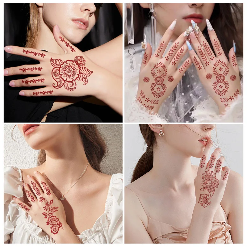 Customized Brownish Red Temporary Henna Tattoo Sticker Sexy Mandala Flower Waterproof Hand Back Tattoo Design