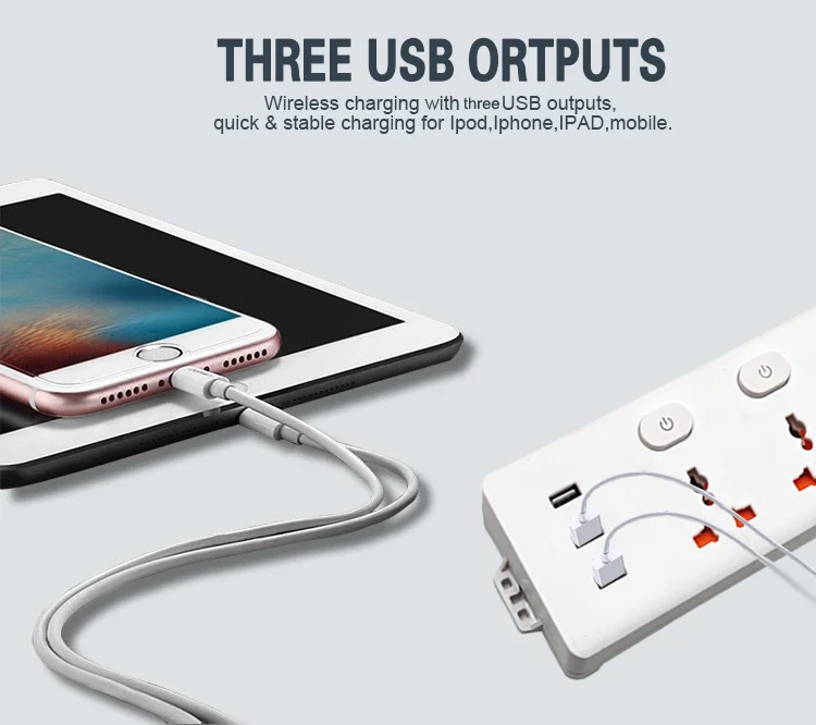 UK Eu universal electric plug 3 way insert power strip outlet with 3 usb socket