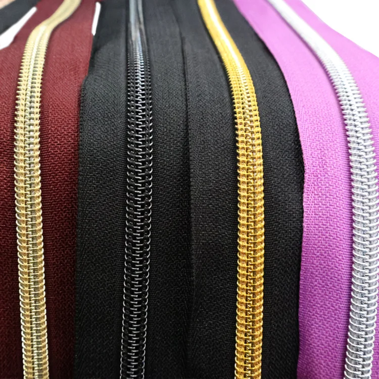 High quality nylon 5# plating color zipper in roll customized nylon long chain zipper for shoes boots long chain  nylon zipper