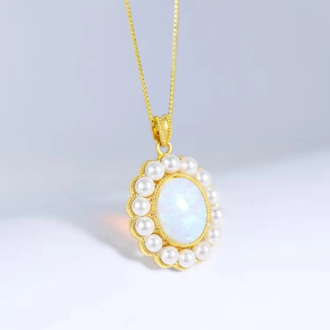 Luxury Fashion Au750 Pure 18K Gold Opal Stone Pearls Pendants Necklace Women Ladies Bridal Engagement Wedding Fine Jewelry