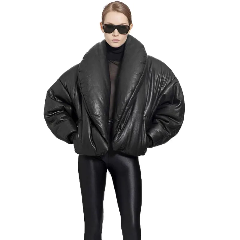 Winter warm real sheepskin leather jacket women fashion black leather coat custom logo big collar down jacket