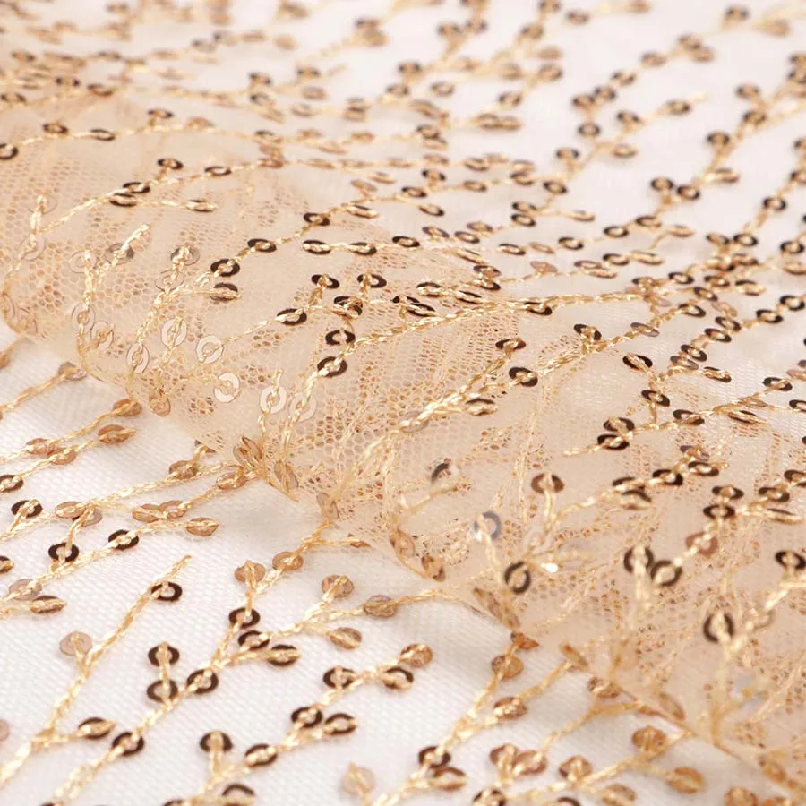 Beautiful Golden Polyester Yarn Mesh Gournd 3mm Spangle Sequins Fabric for Summer Dress Woman