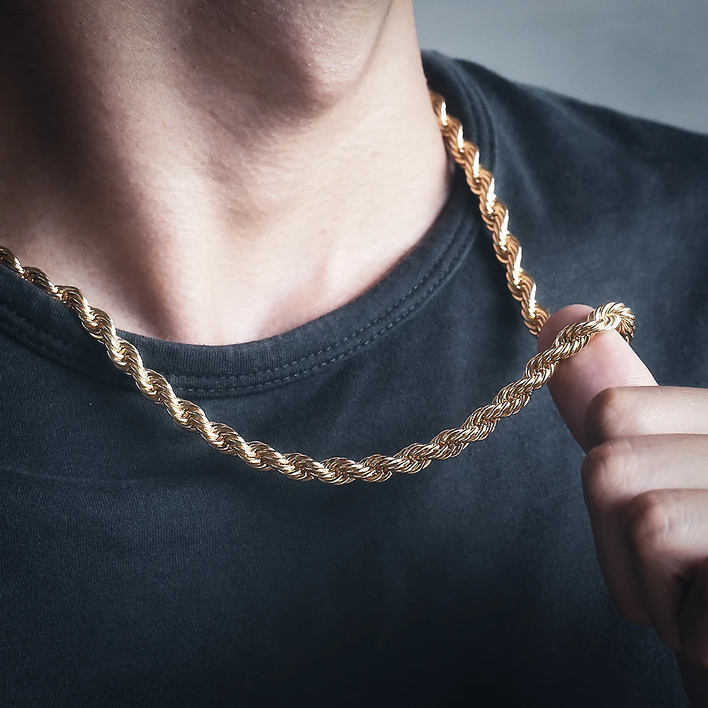 KRKC & CO 6 мм Твист толстое ожерелье хип-хоп Мужская позолоченная Алмазная 14K Золотая Веревка