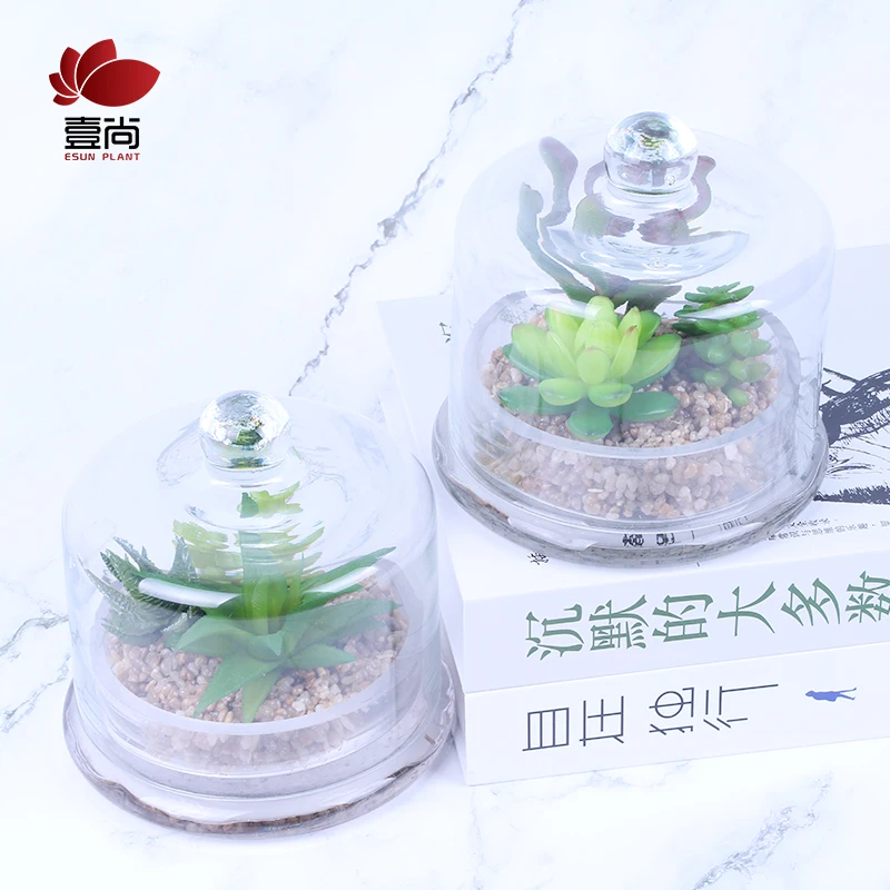 ESUN ES0984 Wholesale Office Mini Pot Artificial Succulent Plant with Glass Green Decorating Artificial Small Plant ODM Service