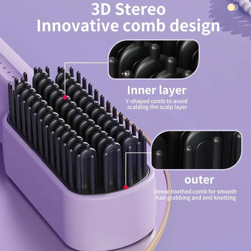 Dual-purpose portable USB Rechargeable Fast Heating Hot Comb Hair Straightener Mini Cordless Hair Straightener Brush