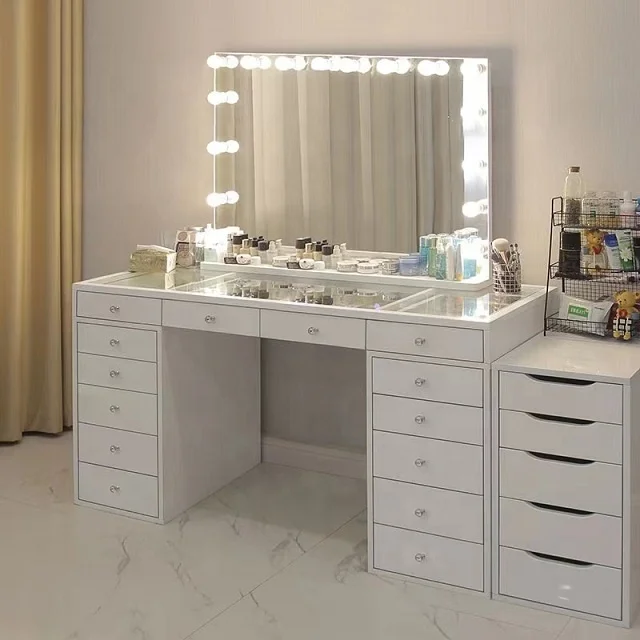 Modern Luxury 13-drawer Panel Dressing Table Storage for Bedroom Furniture Bedroom Sets MDF with LED Mirror Wood Gold 1 Piece