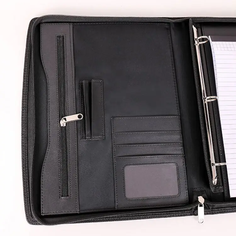 Business resume interview leather contratible portfolio padfolio tablet sleeve big pocket card slot pen holder handle