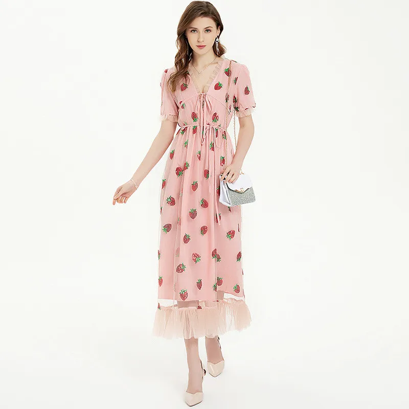 Fashion Deep V Neck Tie Bust Ruffle Tulle Decoration Shining Strawberry Women Office Uniform Style Casual Pakistani Bright Dress
