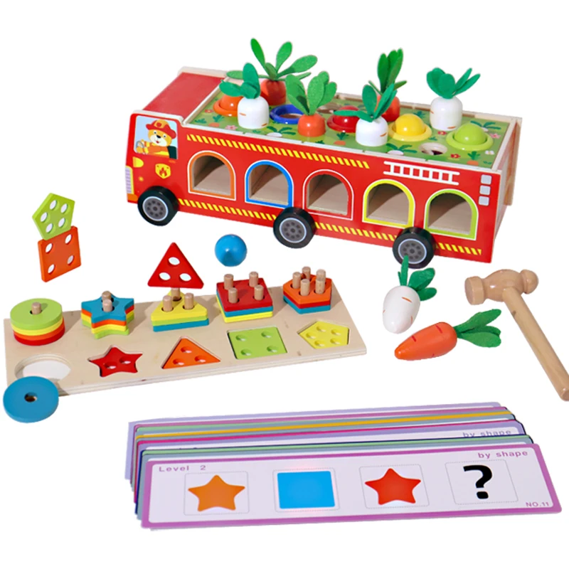 Wooden Multi Function Intelligence Fire Fighting Truck For Children Montessori Shapes Colors Matching Box