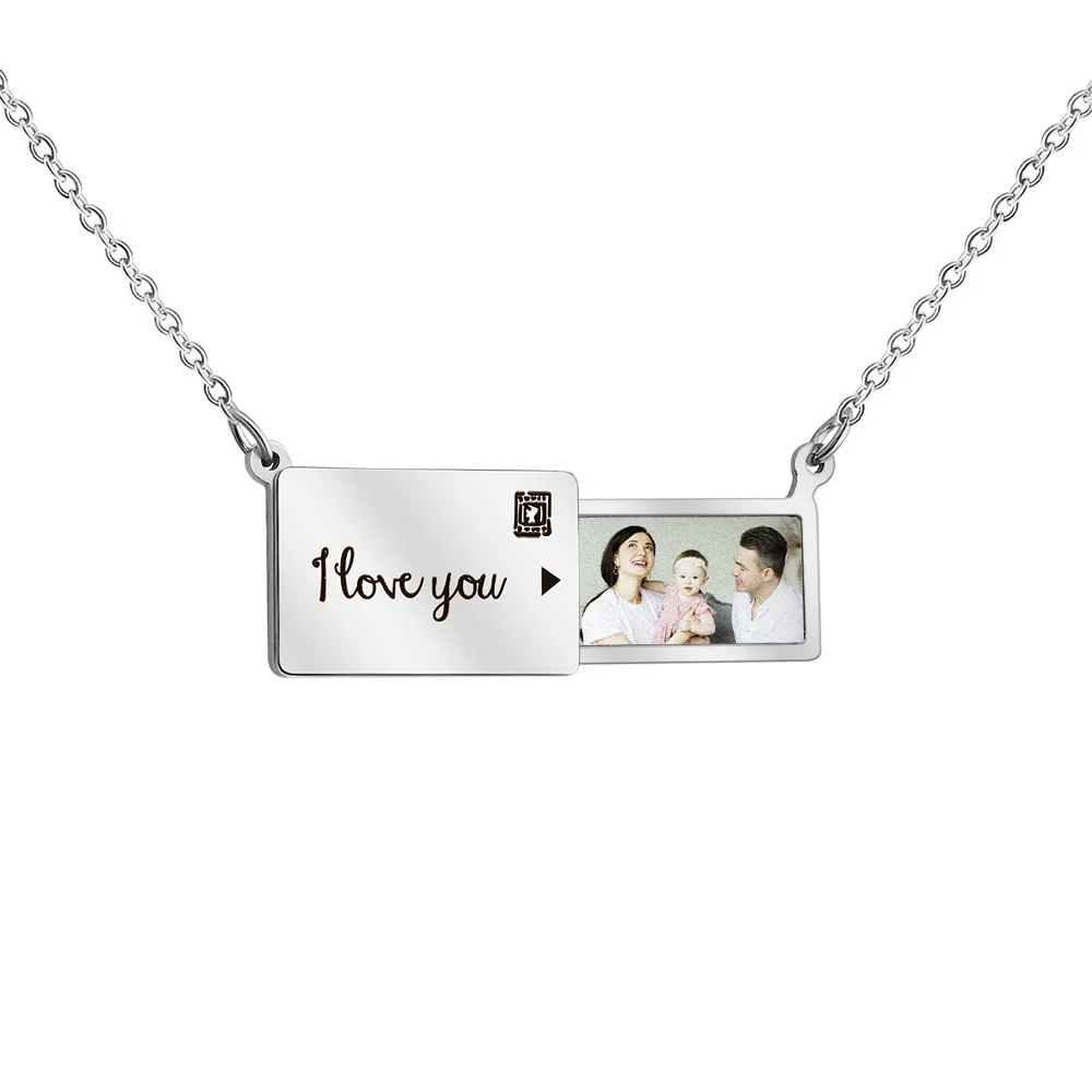 Fashion Custom Photo Engraved Letter Envelope Pendant Necklace Stainless Steel Clavicle Chain Necklace