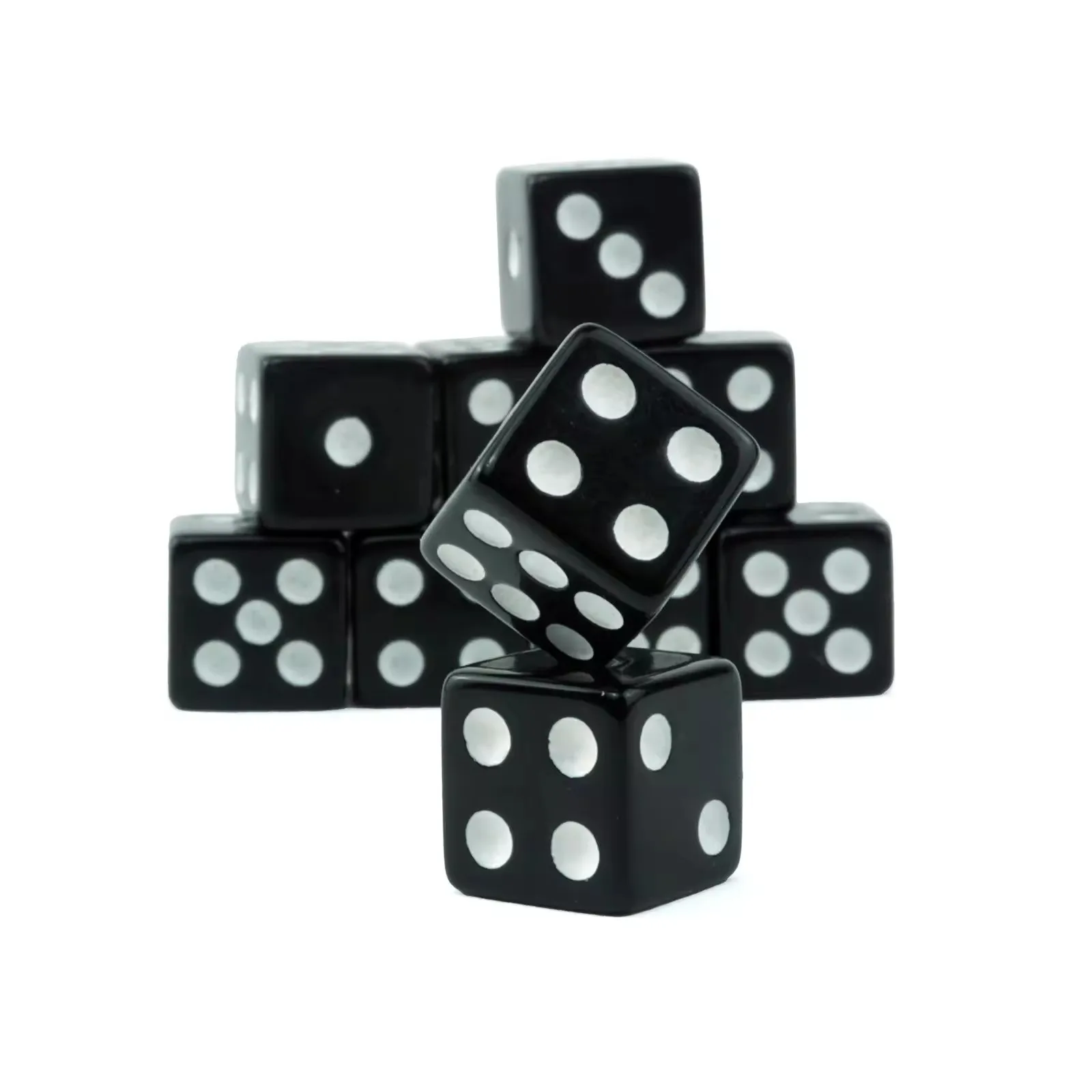 wholesale custom 10mm black acrylic dice with white dot square d6 sided with straight corner for casino card board games