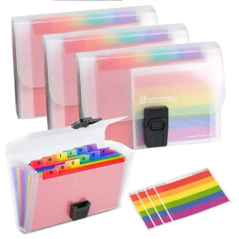 Expanding File Folder Portable Rainbow Document Organiser Multicoloured Plastic Expandable Organizer Wallet Case 4 Pack