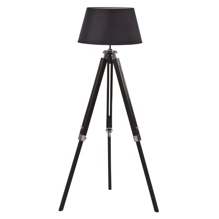 Amazon Hot Sale Black Wooden Tripod Floor Lamp with Fabric Shade Height Adjustable