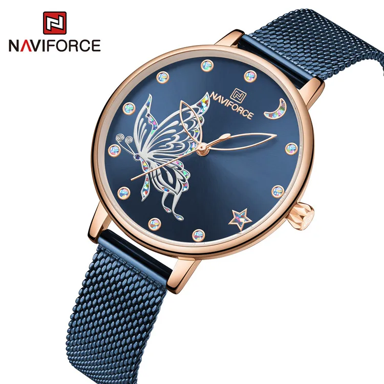 NAVIFORCE 5011 Brand Women Watches Fashion Ladies Quartz Watch Bracelet Set Fancy Butterfly Dial Luxury Rose Gold Mesh Watch