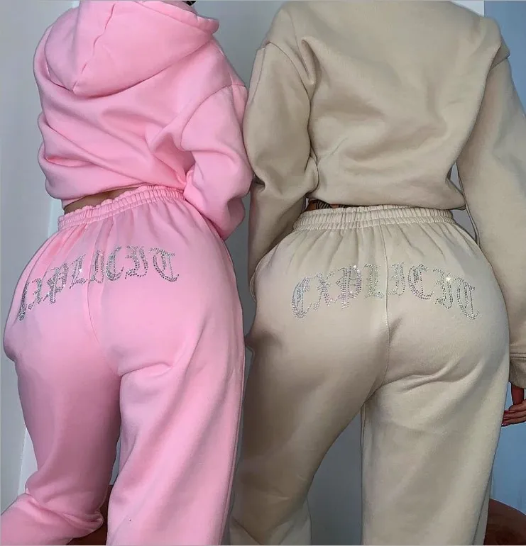 TG037 high quality two piece set women clothing fashion sports casual sweater rhinestone women clothing hoodie set