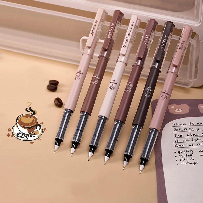 6pcs Coffee Theme Liquid Quick-Drying Ink Gel Pens, No smear Soft Touch Pens for Note taking Drawing School Office Supplies