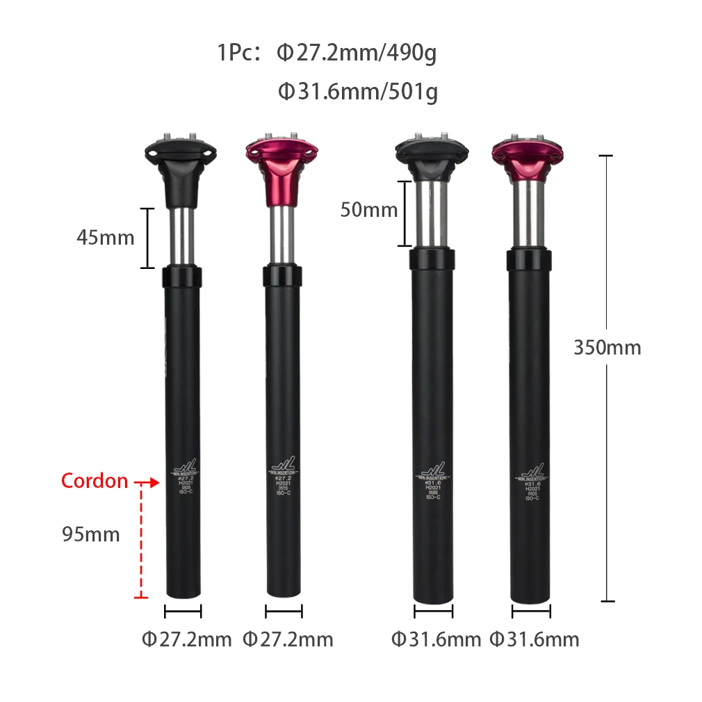 Bicycle shock absorber seatpost 27.2/31.6 x 350mm aluminum alloy bicycle seatpost, ZOOM black/red seatpost