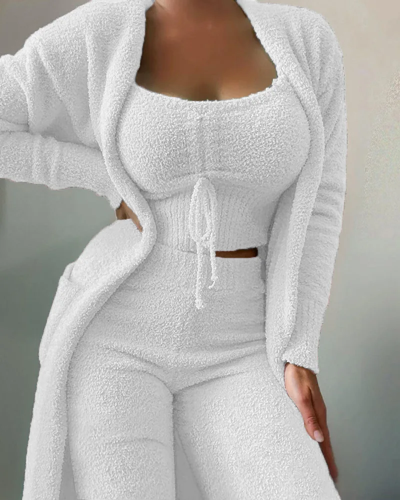 Autumn Winter Soft Fuzzy Solid Women Three Piece Set Fashion Outfits New Casual Plush Lace-up Vest+long Cardigan+trousers Suits
