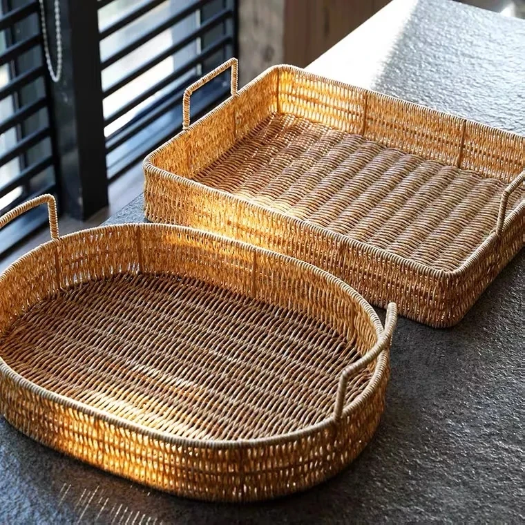 Wholesale  PP Rattan Basket Tray Hand Woven Storage Basket Tray PP Rattan Tray With Handle Plastic basket Home&Kitchen