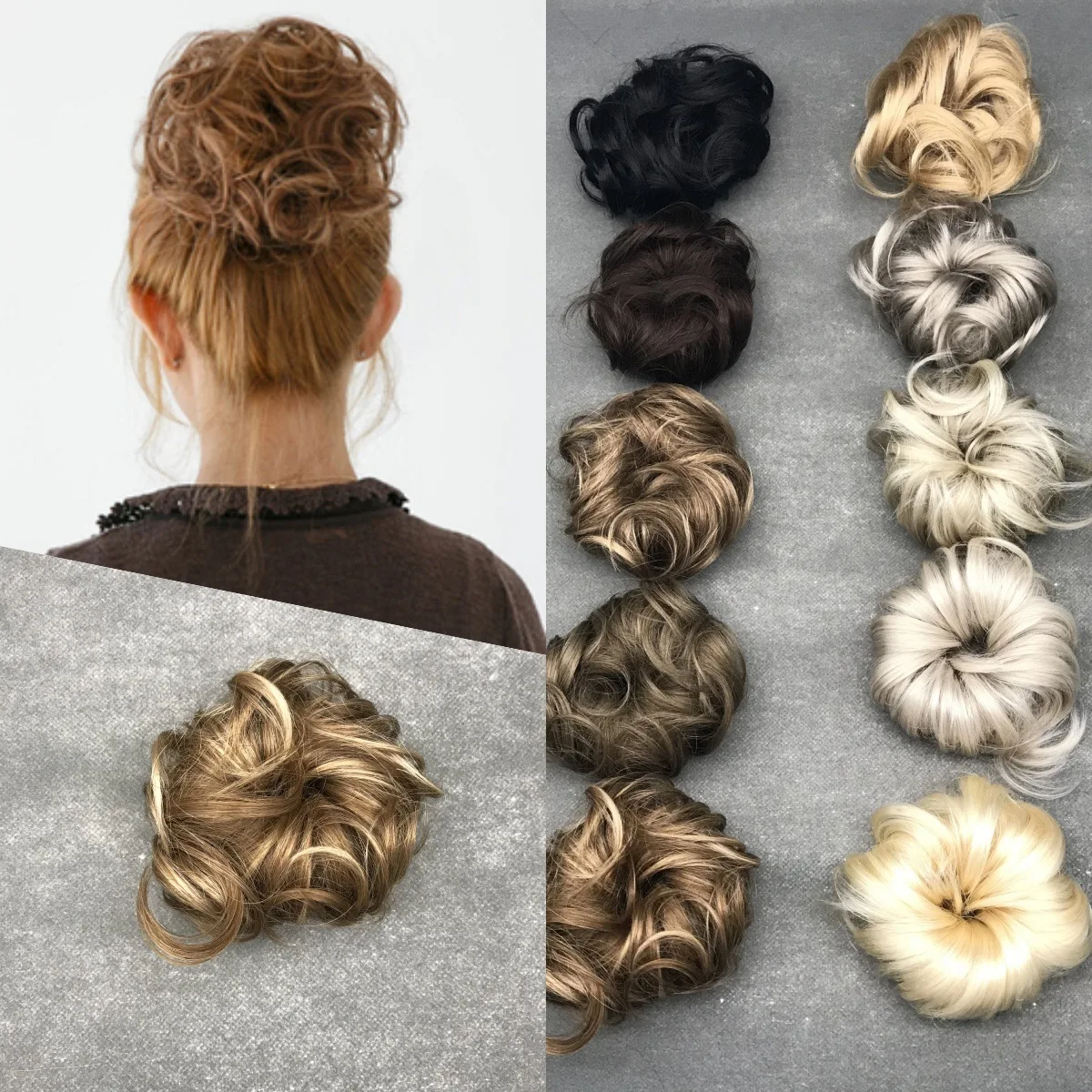 Women Girls Curly Scrunchies Chignon Hair Bun With Rubber Bands Human Hair Ring Wrapped On Messy Hair Bun Ponytails