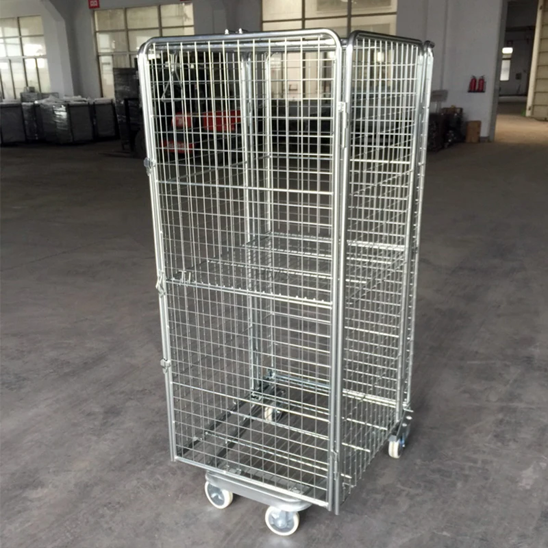 Easy Operation Folding Trolley Cart Cargo Mobile Steel Wire Mesh Roll Container With High Quality